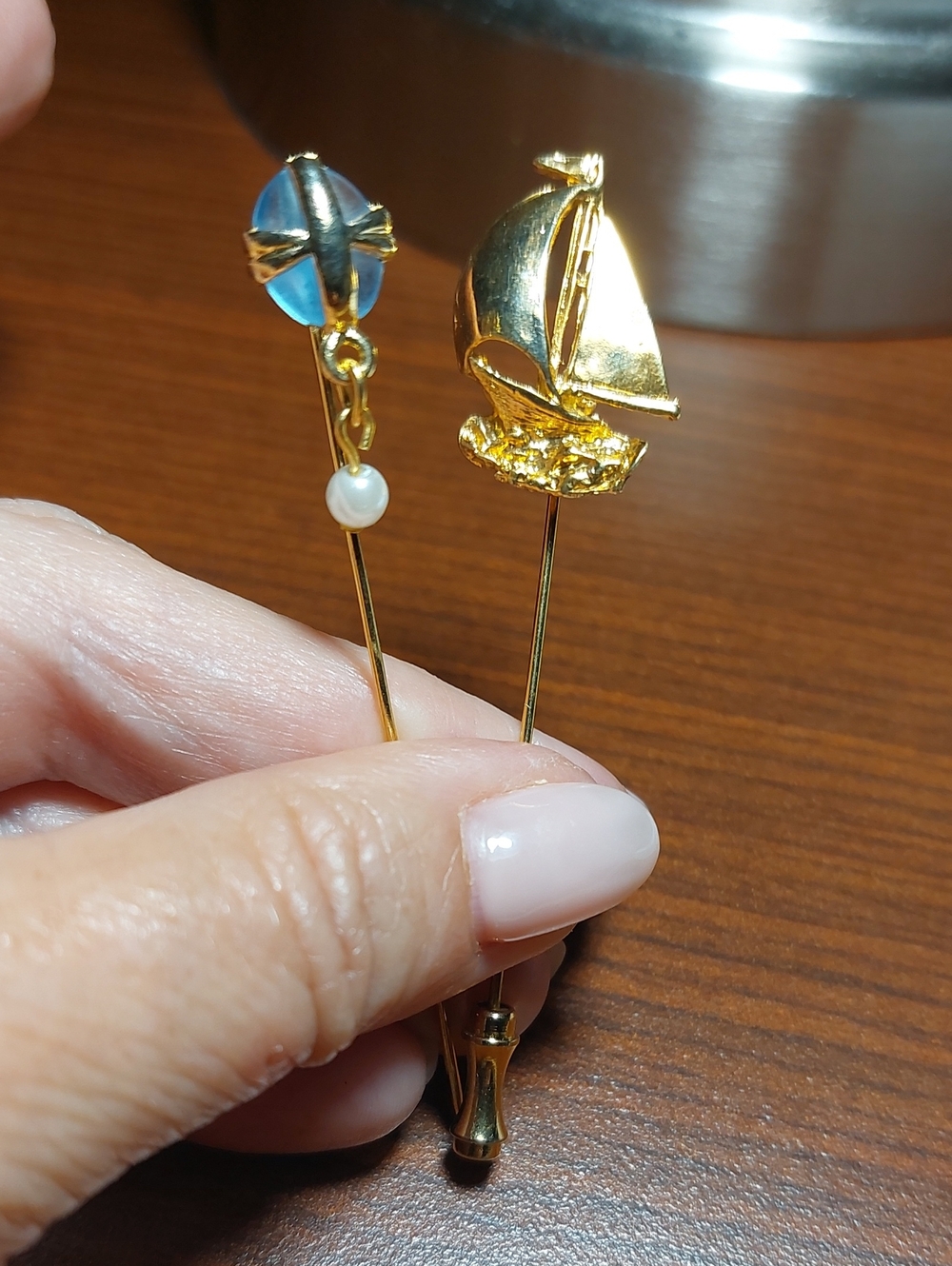 Vintage Nautical Gold-Tone Stick Pin Lot  Sailboat Yacht & Blue Stone